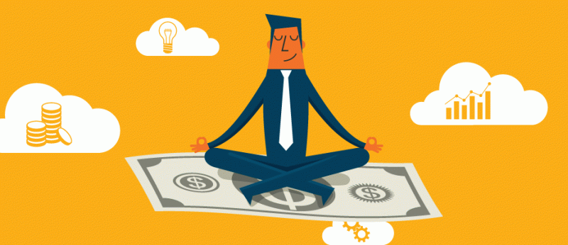 Illustration of a man sitting on a floating dollar bill with orange background and clouds of money, charts and light bulbs around him