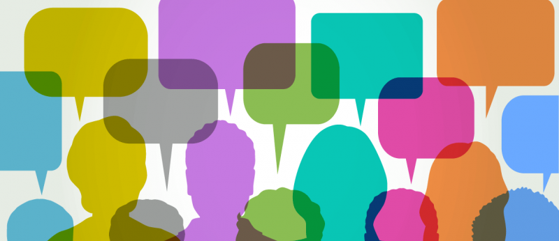 colorful illustration of dialogue bubbles and peoples heads
