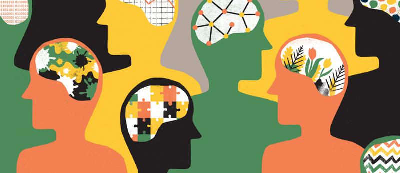 Illustration of people's heads with art inside the heads