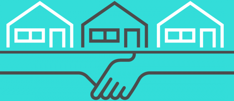 line art of three houses sitting on top of a handshake