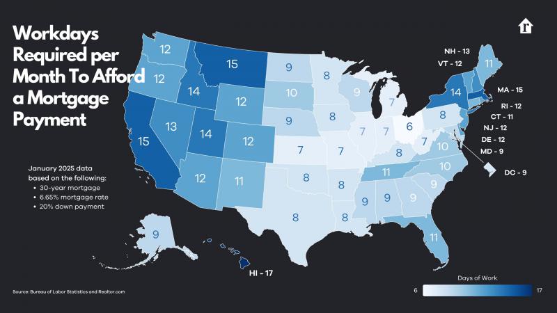 Realtor.com map of number of days per state to afford a home 