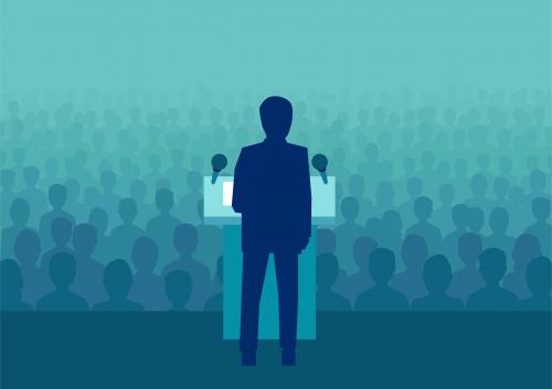 Illustration of man standing at podium in front of a crowd