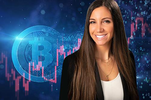 Photo of Taylor Parrino on a blockchain symbol and data charts
