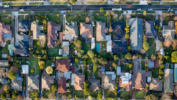 aerial view of subdivision in suburbs