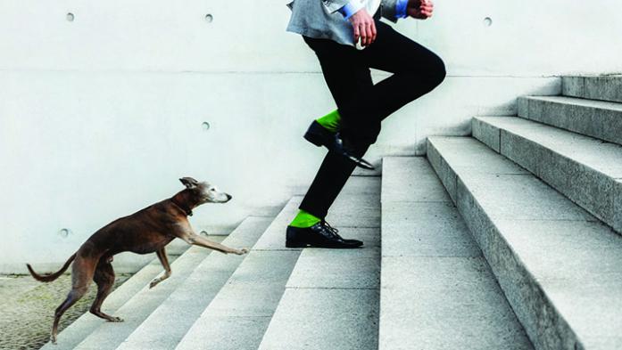 Man running up steps
