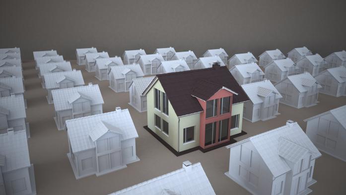 Rows of white houses with one color house standing out