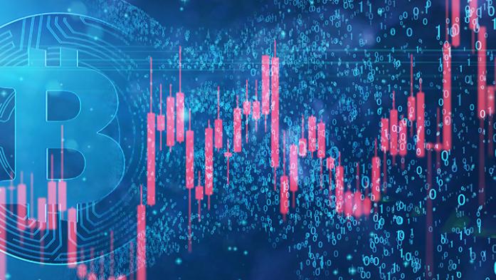 Photo illustration off blockchain symbol and data charts