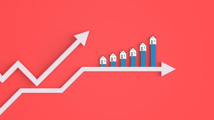 Bar chart with arrows and houses