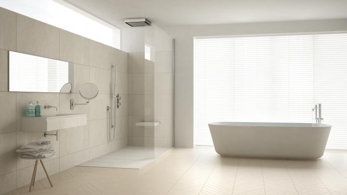 minimalist white bathroom with separate tub and shower