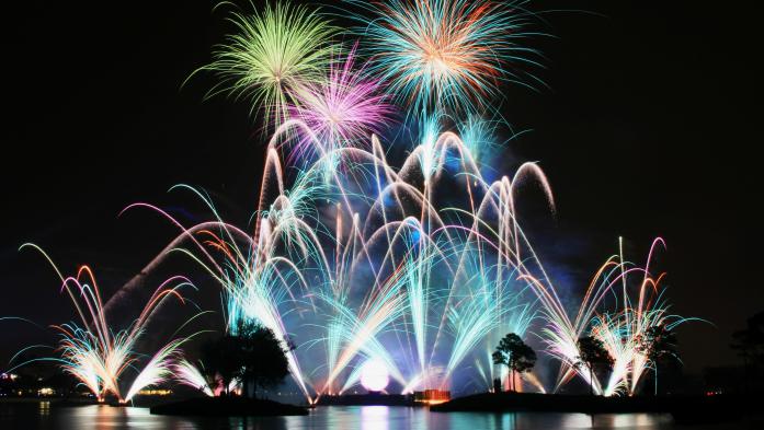 Multiple fireworks exploding above a lake