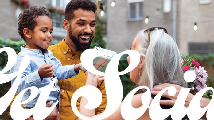 Photo of a group of people celebrating with the words Get Social! over it.