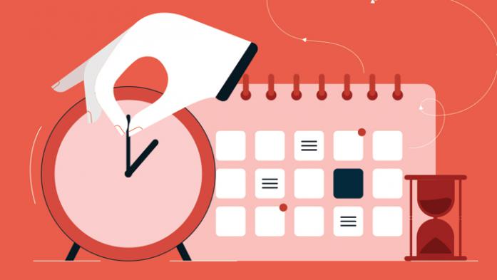 illustration of a hand turning the hands on a clock with a calendar in the background