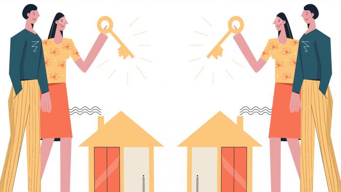 Illustration of couple with key and house