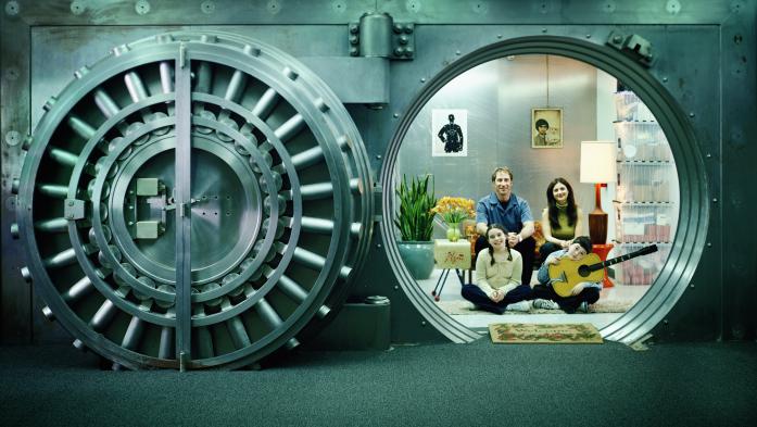Open bank vault with family living room inside