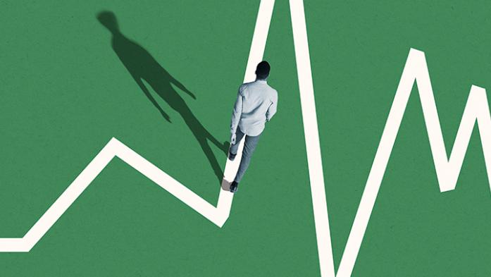 Business man walking on a white line representing the ups and downs of the market