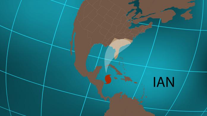 Graphic globe drawing shows track of Hurricane Ian