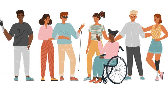 Seven people of different races and disabilities