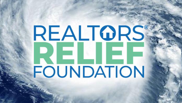 satellite image of a hurricane with words Realtors Relief Foundation over it