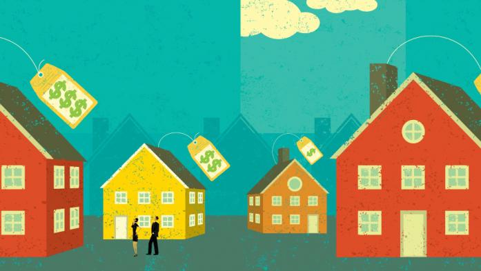 Illustration of various size houses with different price tags and couple looking at them