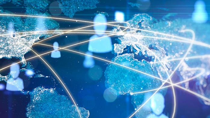 image of continents in blue with people connected around the globe
