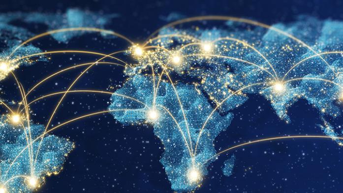 Photo of continents in blue with yellow connecting lines