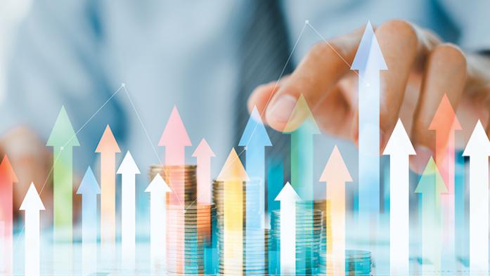 photo of a business mans hand with data bar chart