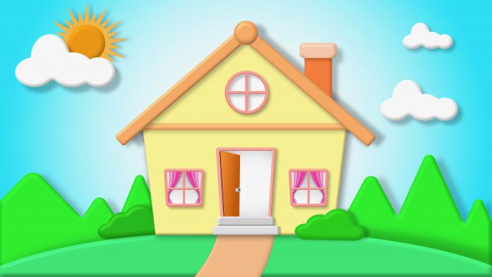 Drawing of a house with sun and blue skies above