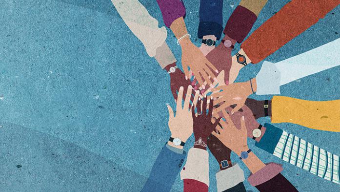 illustration of lots of stacked hands as a team