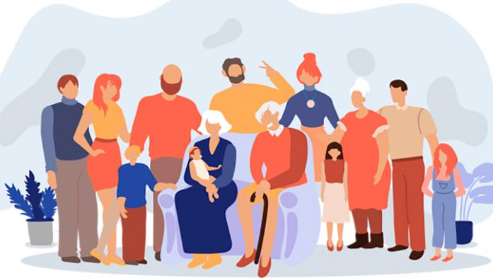 colorful illustration of a group of people of different generations