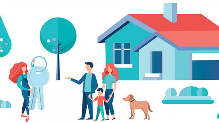 colorful illustration of a realtor holding the keys to a home with family in front of house