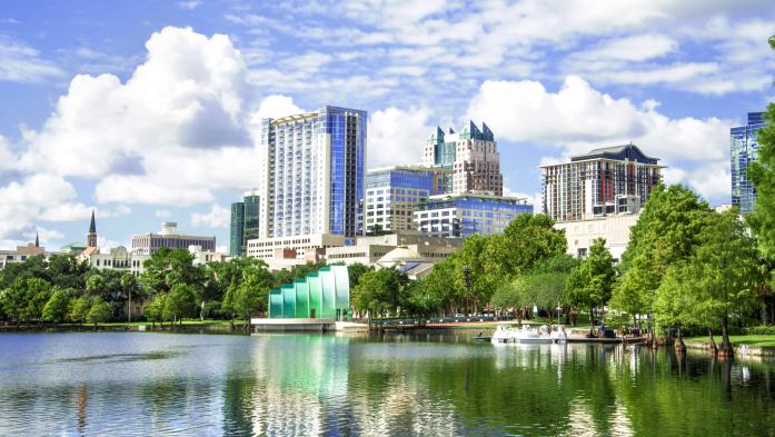 Orlando skyline from Lake Eola with amphitheater in the foreground
