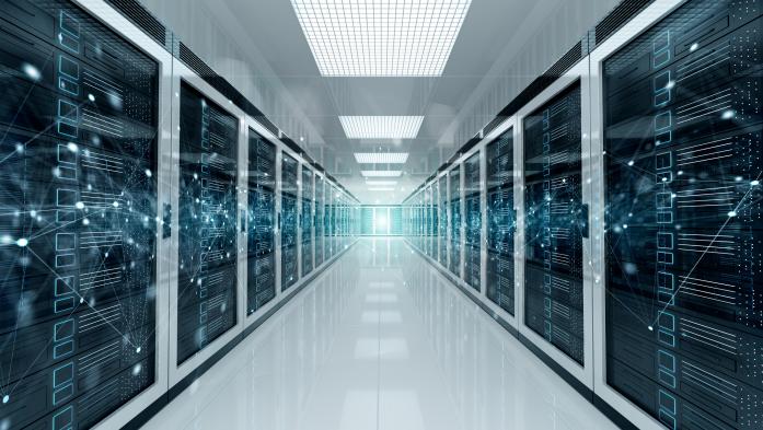 Digital data center hallway framed with large computer systems
