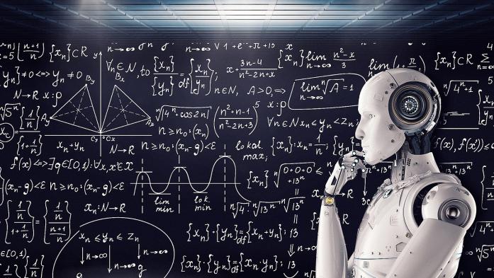 Robotic man thinking about mathematics