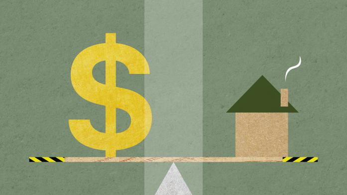 Steady interest rates depicted by a cartoon dollar sign and house on an equal scale 