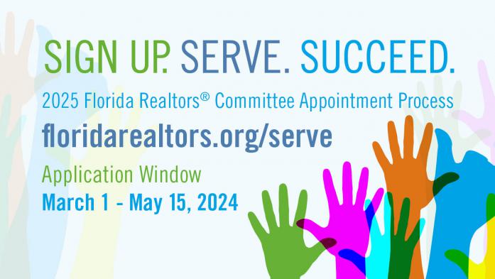 colorful hands raised with text sign up. serve. succeed.