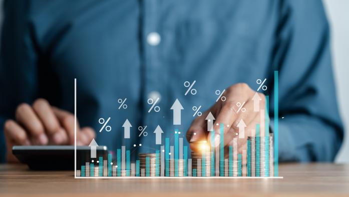 hands with calculator and money with bar chart illustration