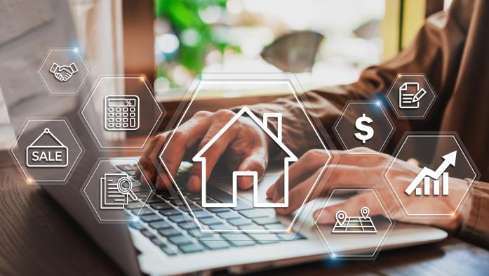 laptop with hands with illustrations of house, dollar sign, handshake and more