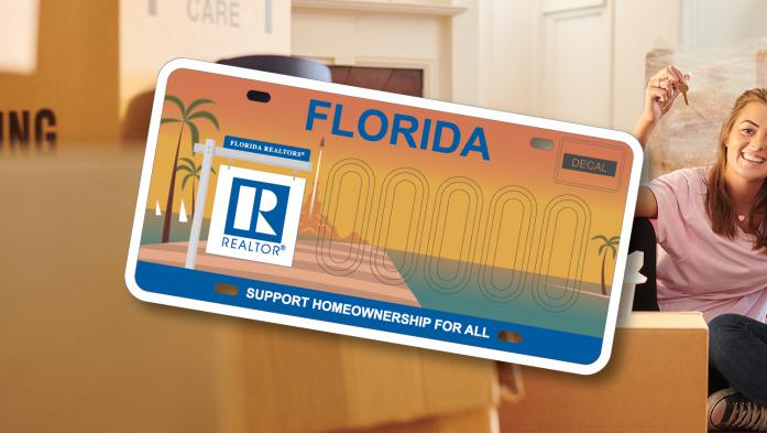 Image of Homeownership for All License plate with couple sitting with boxes