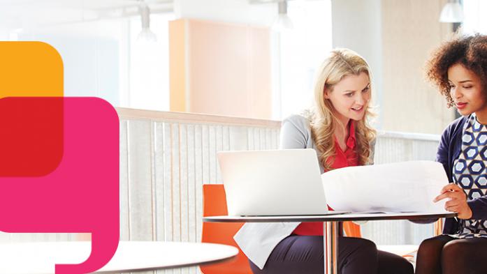 photo of two women talking at a table with dialogue bubbles overlapping image