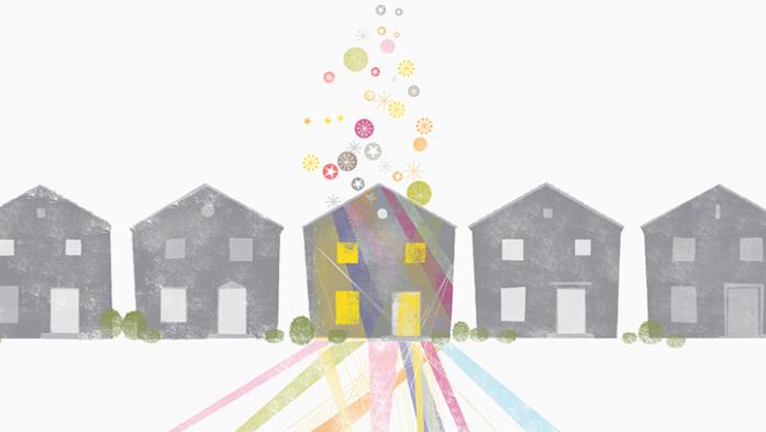 illustration of a row of grey houses with one has with spotlights and sparkles