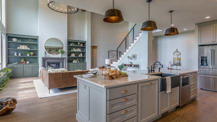 instagram ready home.Beautiful modern kitchen with all luxuries you could want - stock photo  Kitchen island with gray and white colors staged for Tour