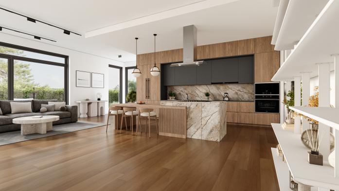 Open space living room and kitchen interior with large windows, gray sofa, dining table and hardwood flooring. Modern design solution - stock photo