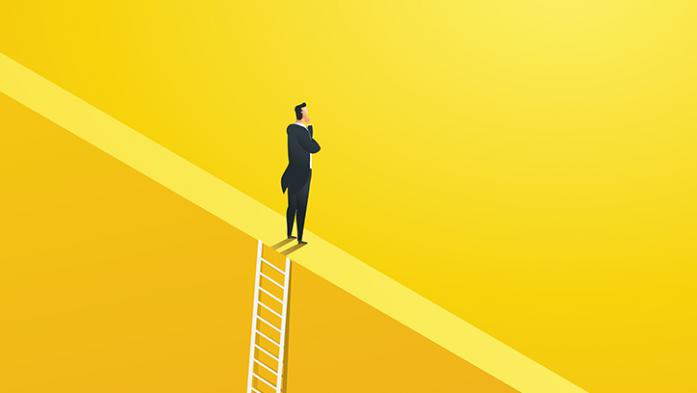 illustration of a business man at the top of a ladder on yellow background