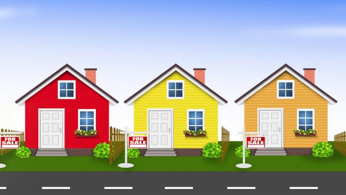 color illustration of three simple houses in red, yellow and tan, with red for sale signs out front