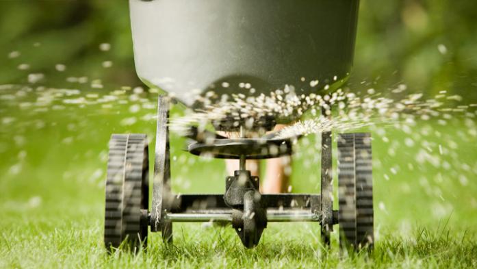 Fertilizer pellets spraying from spreader 