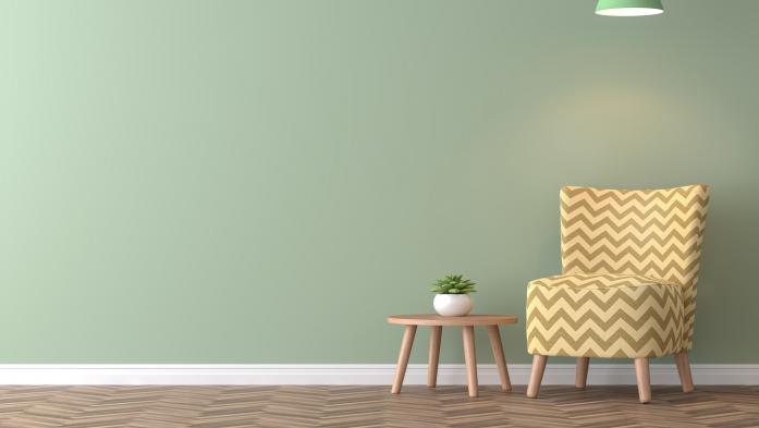 Modern vintage living room with green wall 3d rendering image.There are minimalist style image ,green empty wall and yellow furniture
