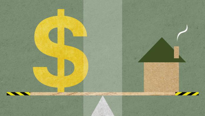 Steady interest rates depicted by a cartoon dollar sign and house on an equal scale 