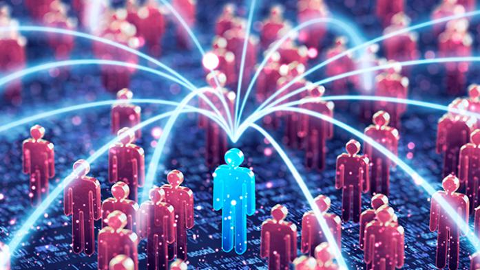 Digital illustration of a human shape connected to many more human shapes