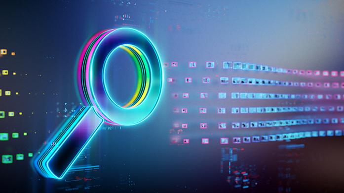 digital illustration of a magnifying glass with digital files floating by