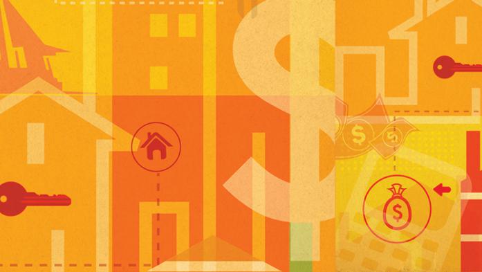 illustration of houses, commercial buildings, key, dollar sign etc.